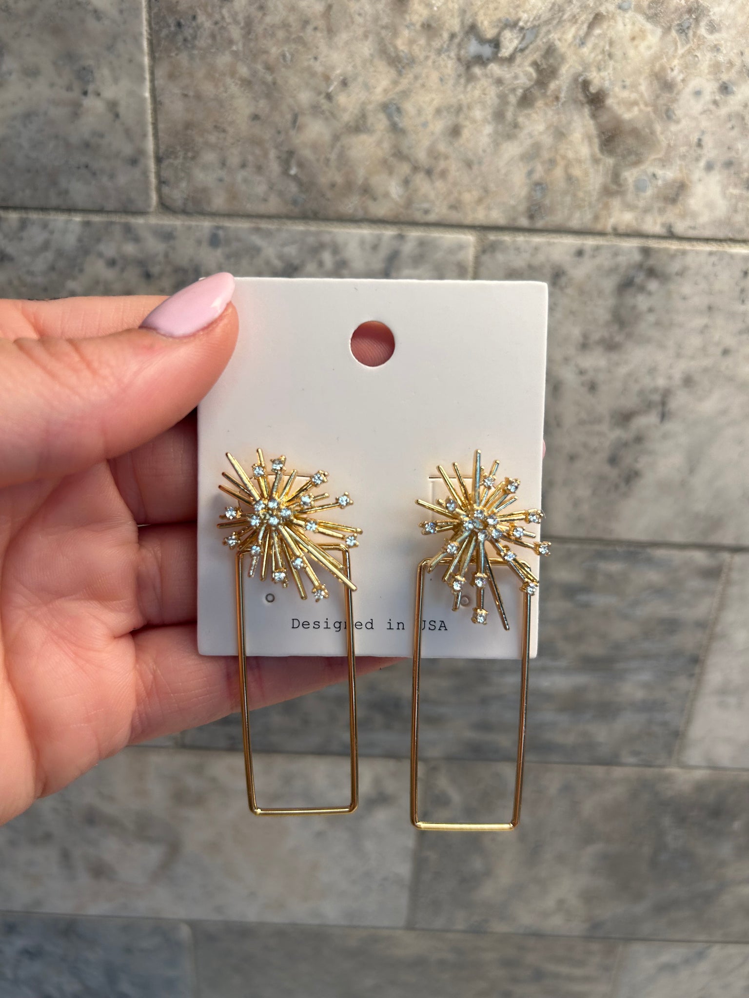 Gold Burst Rectangle Earrings