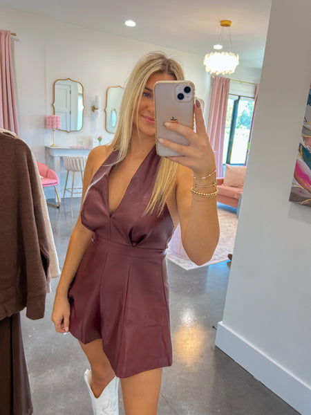 Red Wine Faux Leather Halter Neck Romper