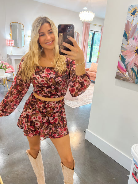 Winner Affair Floral Chiffon Top & Skirt Set