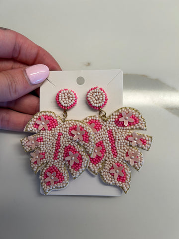 Pink Beaded Leaf & Flower Earrings