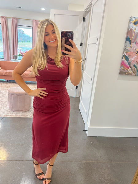 Champagne Toast Dark Rose Mesh Midi Dress