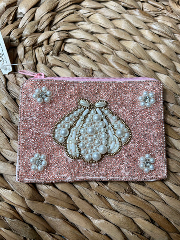 Pink Shell Coin Purse With Pearl Detail