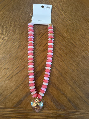 Coral Beaded Puffy Heart Necklace