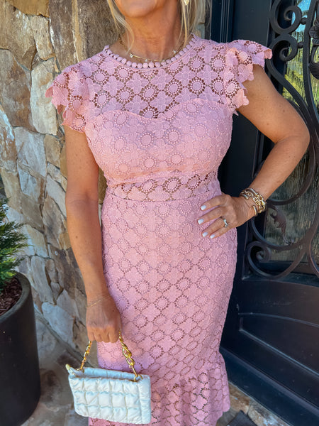 Pink Eyelet Lace Ruffle Midi Dress