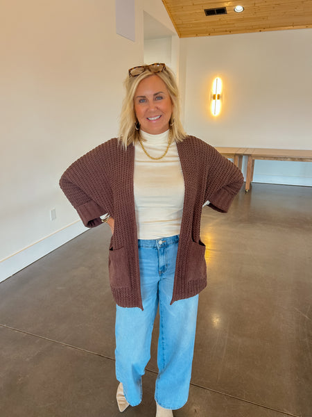 Coffee Shop Knit Chocolate Cardigan W/ Pockets
