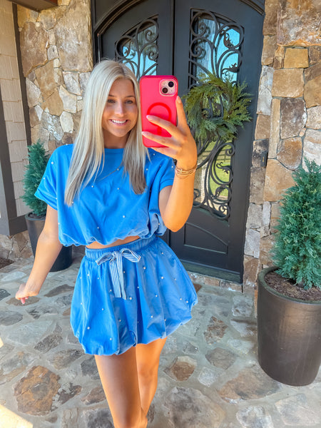 Feeling Chic Blue Cotton Terry Pearl Bubble Hem Set