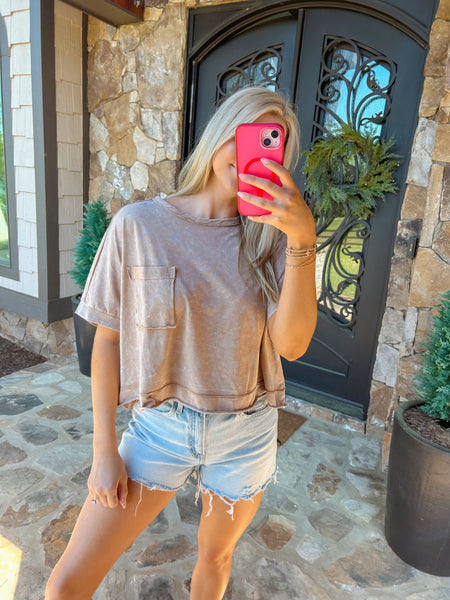 Taupe Washed Oversized Cropped Knit Top