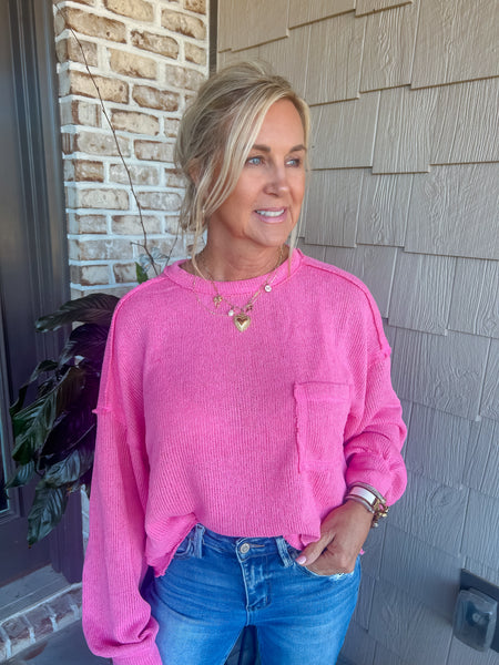 Block Party Casual Raw Edge Pink Sweater