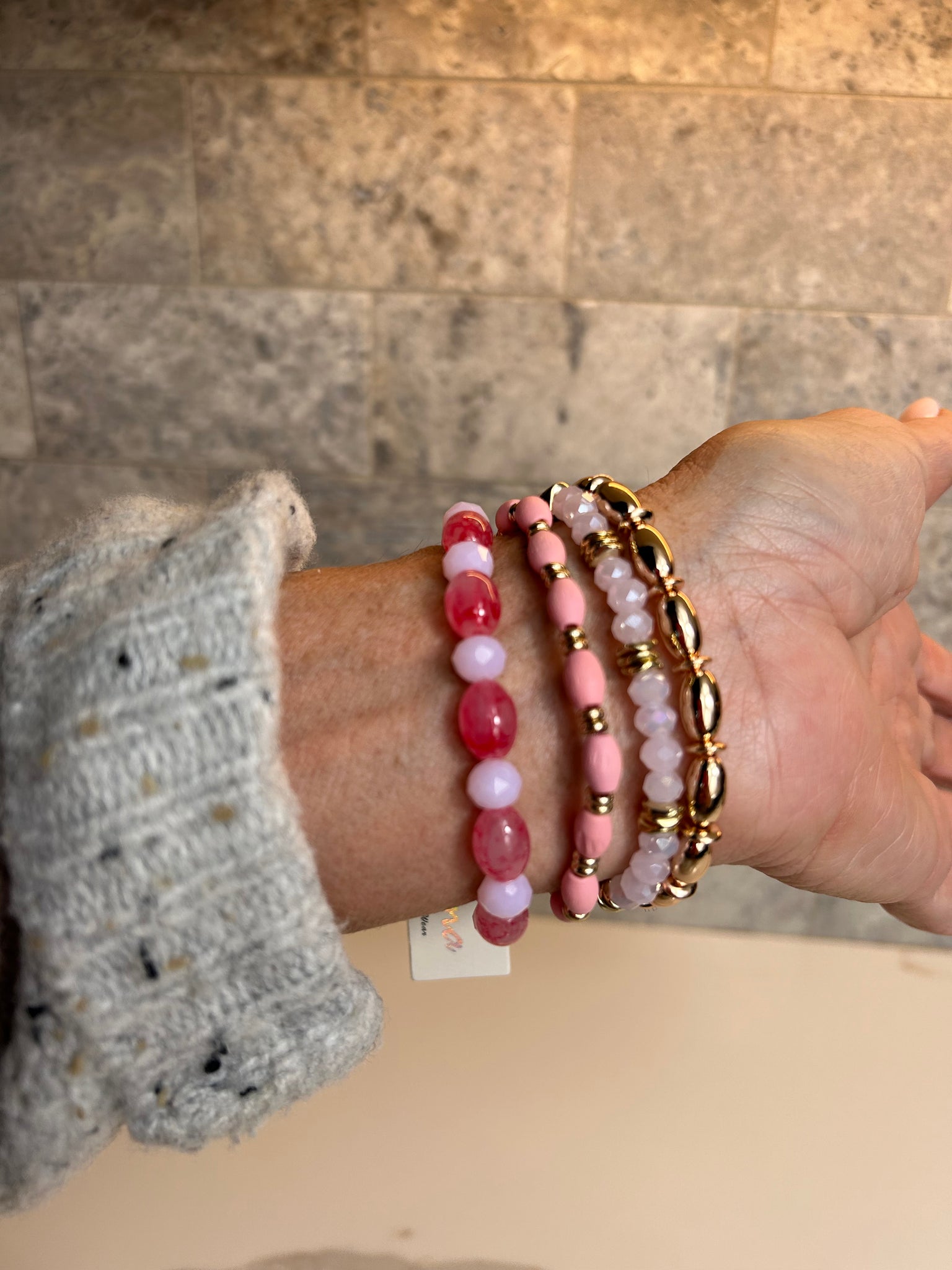 4 Row Pink Glass & Wooden Bead Bracelet