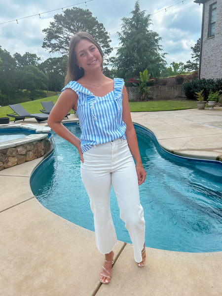 Blue & White Striped Tie Back Ruffle Trim Top