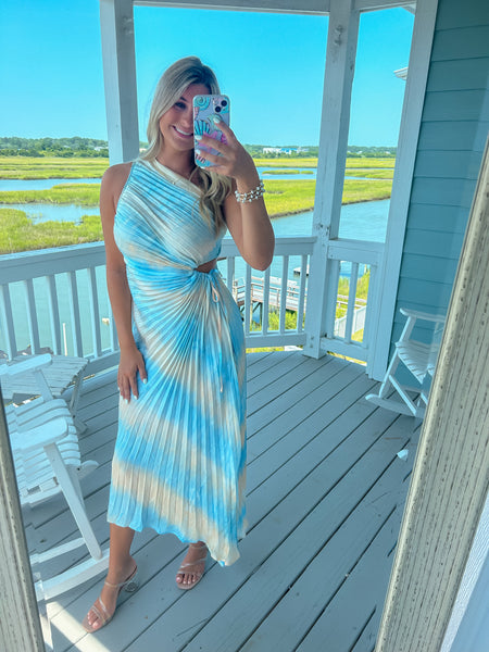 Sea Blue & Sand Printed Pleated Asymmetrical Dress