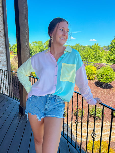 Sunny State Of Mind Pastel Color-Block Button Down