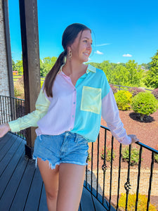 Sunny State Of Mind Pastel Color-Block Button Down