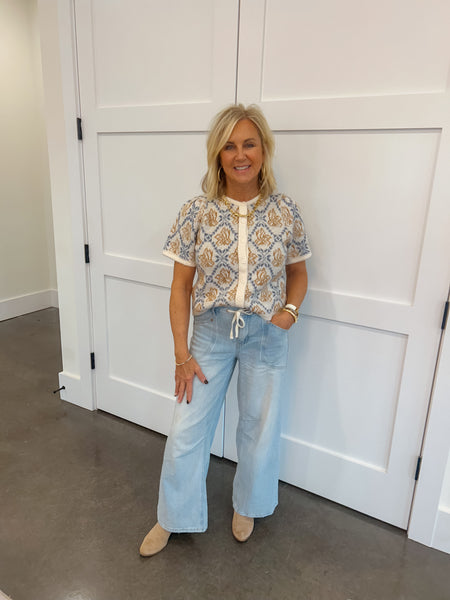 Midtown Charm Knit Ivory & Blue Floral Sweater