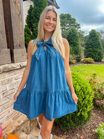 Catching Fall Feels Denim Bow Dress