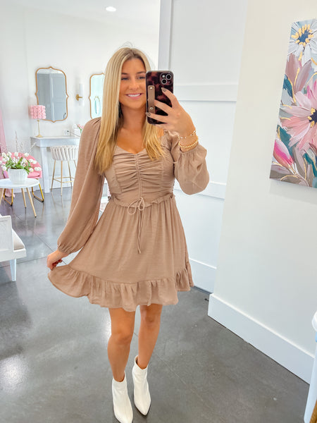 Sweet Autumn Taupe Smocking Dress