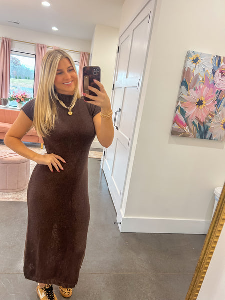 Cafe Date Brown Sweater Midi Dress