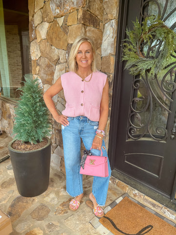 Pretty In Pink Button Down Sweater Vest