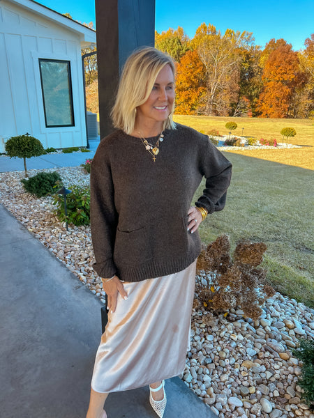 Comfy Chic Dark Brown Front Patch Pocket Sweater