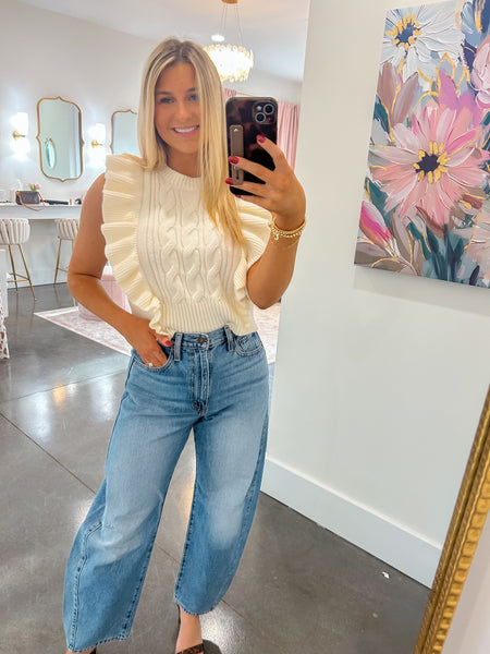 Cozy Couture Ivory Cable Knit Sweater Vest W/ Ruffles