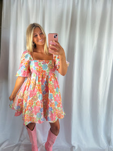 Gorgeous Views Satin Multi Color Floral Print Babydoll Dress