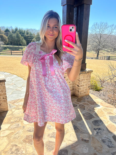 Joyful Bond Floral Mini Dress With Satin Bow