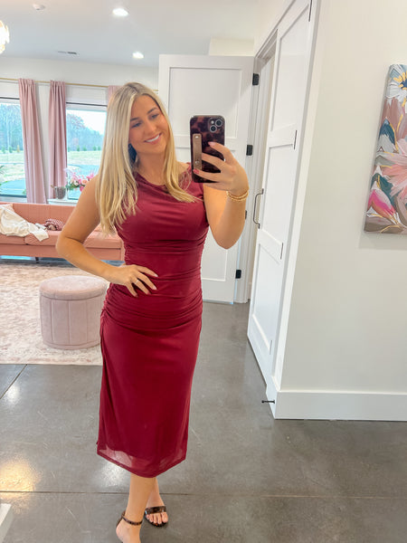 Champagne Toast Dark Rose Mesh Midi Dress