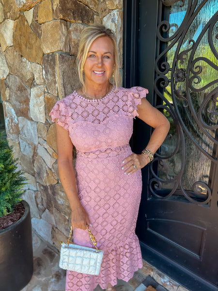 Pink Eyelet Lace Ruffle Midi Dress