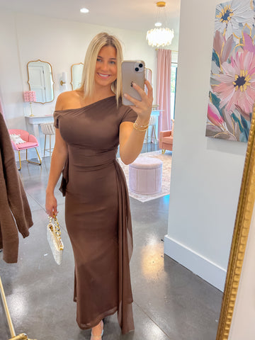 Chocolate Off The Shoulder Ruched Maxi Dress
