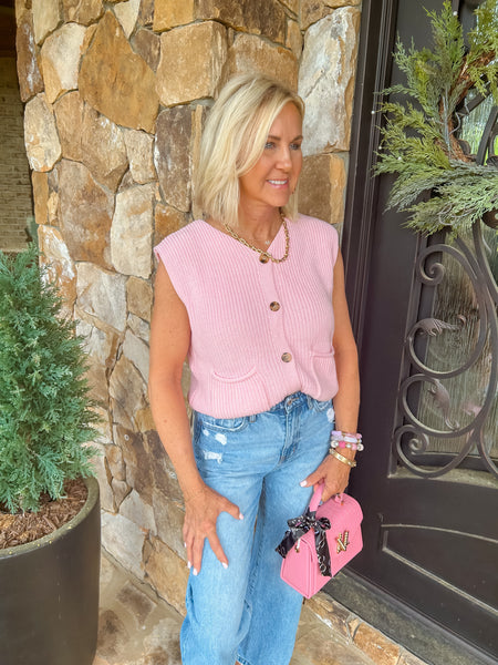 Pretty In Pink Button Down Sweater Vest
