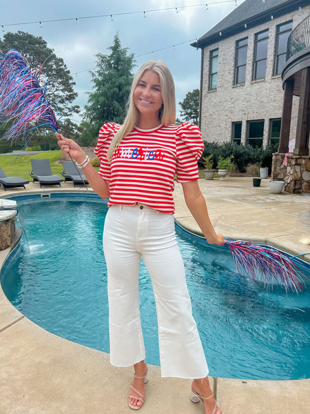 America Red & White Striped Puff Sleeve Top