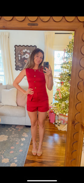 Cheers To This Red Button Down Vest & Shorts Set