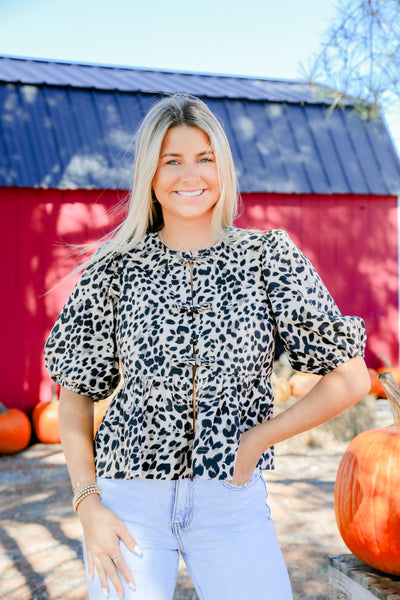 Lovely In Leopard Puff Sleeve Peplum Top