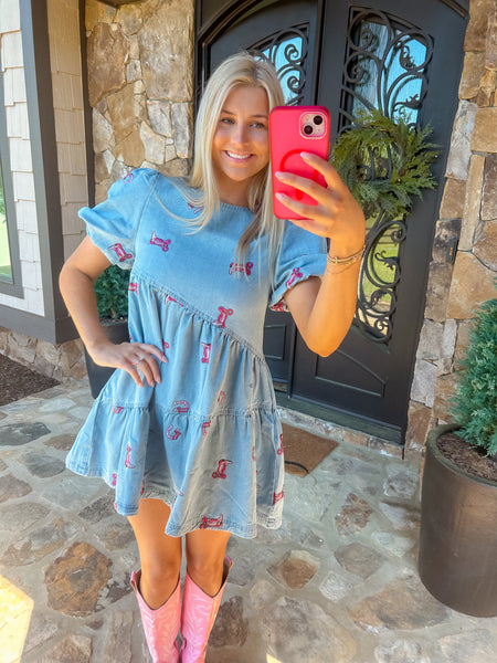 Lets Rodeo Pink Cowboy Boot Denim Dress