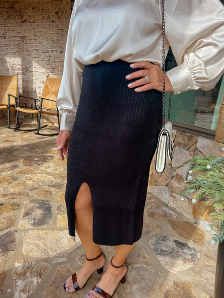Lovely Embrace Knit Front Slit Midi Pencil Skirt