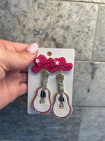Beaded Pink Guitar Earrings