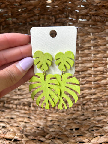 Green Wooden Palm Leaf Earrings