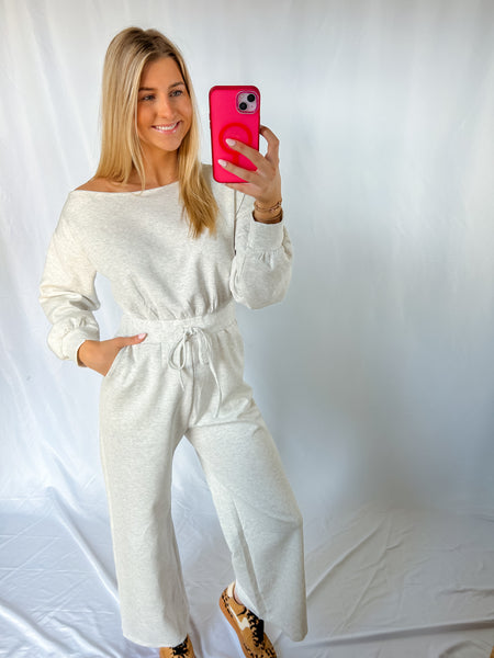 Ash Grey Long Sleeve Shoulder Wide Jumpsuit