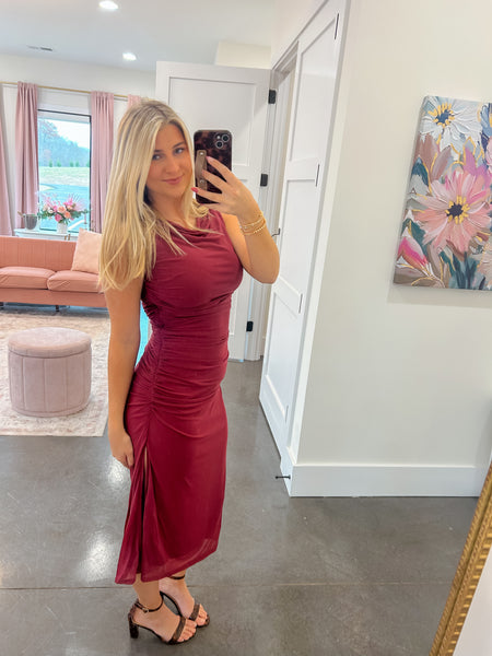 Champagne Toast Dark Rose Mesh Midi Dress