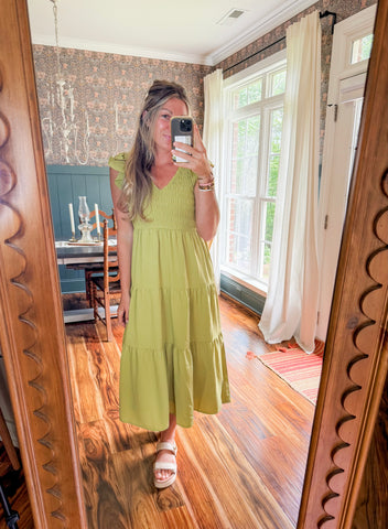 Lively Laughs Kiwi Flutter Sleeve Midi Dress