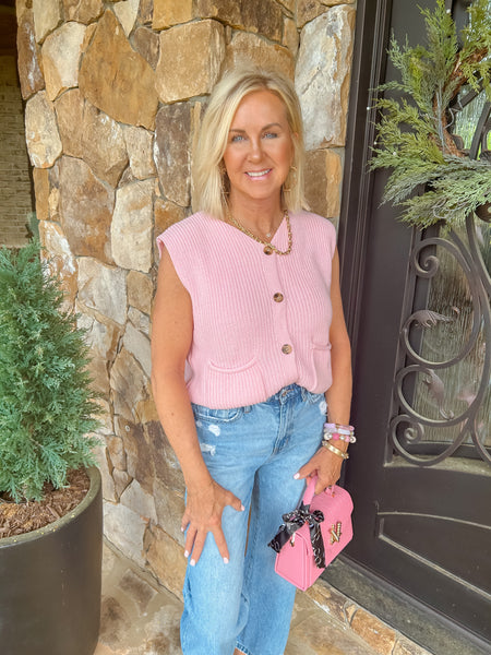 Pretty In Pink Button Down Sweater Vest