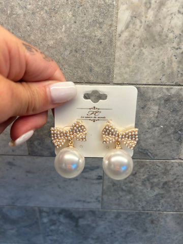 Pave Ribbon Pearl Drop Earrings