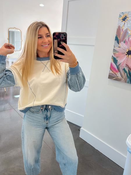 Casual Look Mix Denim Sleeve Knit Top