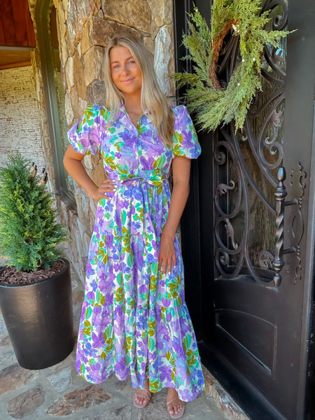 Lavender Multi Dreamy Poplin Floral Button Down Maxi Dress