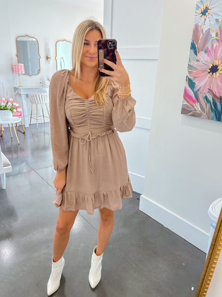 Sweet Autumn Taupe Smocking Dress