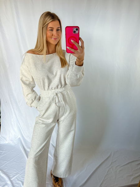 Ash Grey Long Sleeve Shoulder Wide Jumpsuit