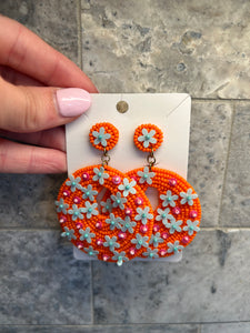 Orange & Light Blue Flower Beaded Earrings