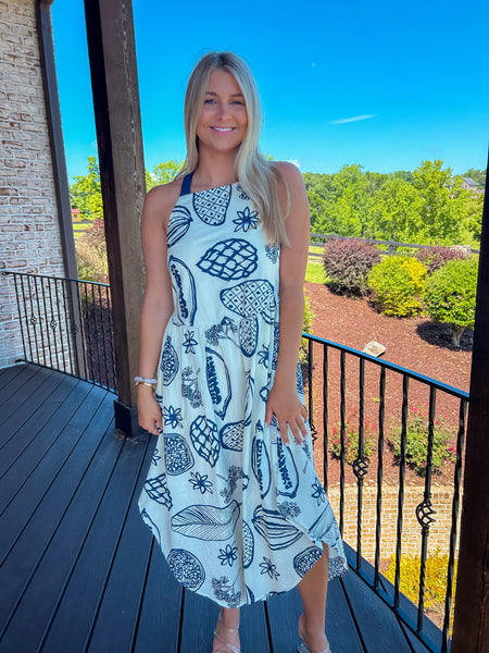 Beachy Vibes Navy And Cream Midi Dress