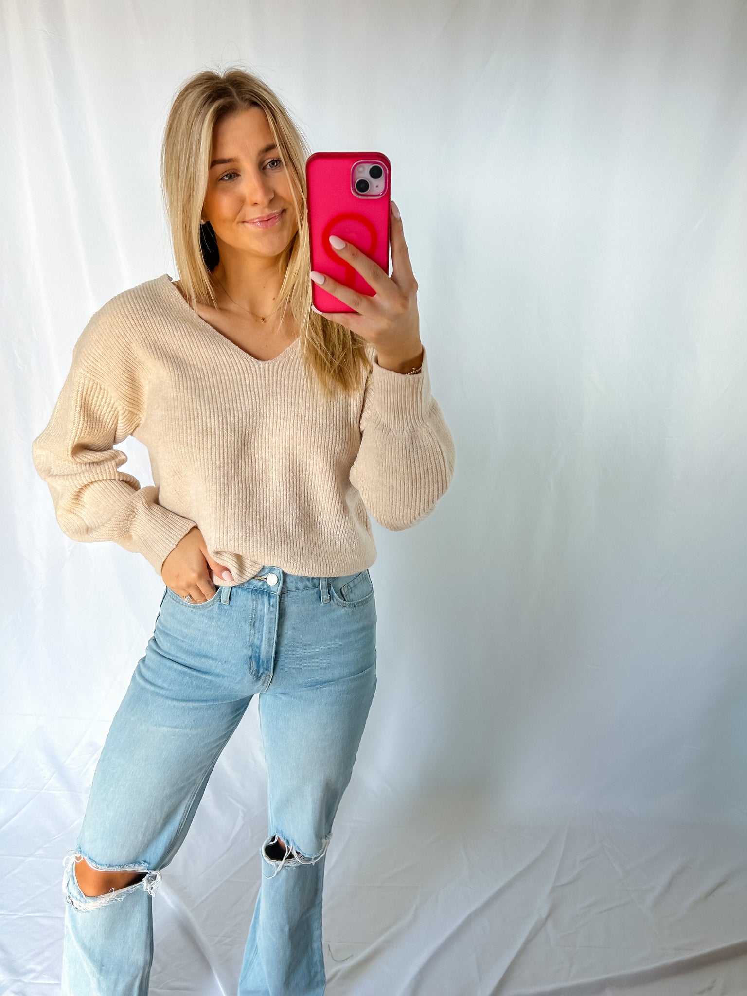 Soft Smiles Khaki Sweater With Bow Back