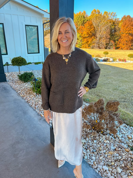 Comfy Chic Dark Brown Front Patch Pocket Sweater